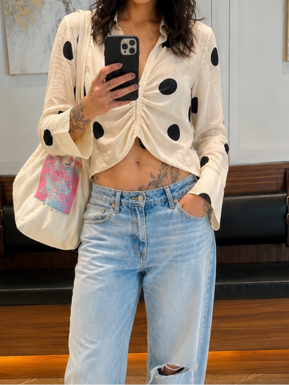 H&M Polka Dot Blouse M Black Cream Cinched Waist Artsy Cool Girl Top